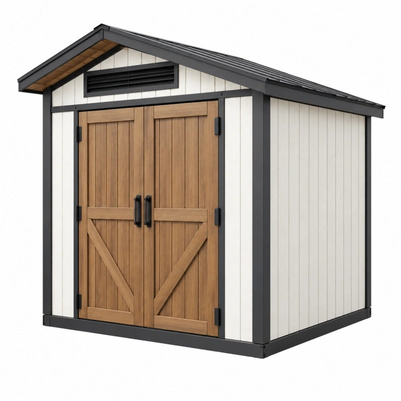 Abri de jardin 180 x 120 x 190 cm en métal blanc et noir avec portes aspect bois