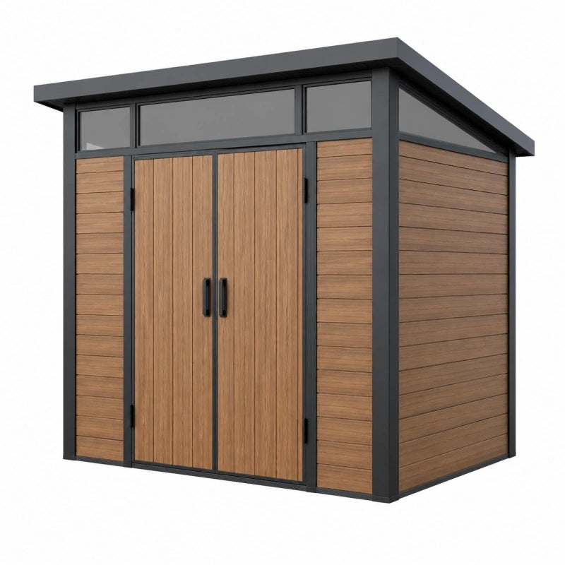 Abri de jardin 200 x 150 x 200 cm en métal aspect bois marron anthracite avec double porte style moderne
