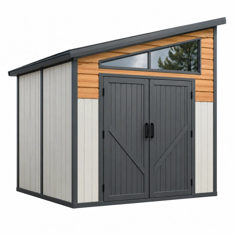 Abri de jardin 180 x 120 x 200 cm en résine gris anthracite et effet bois avec double porte