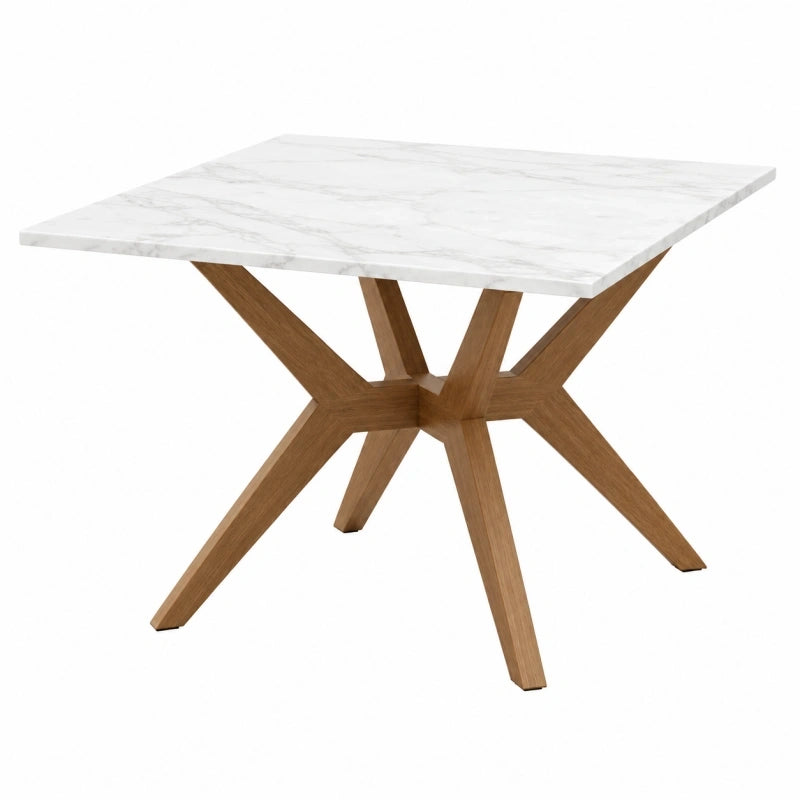 Table à manger 160 x 90 cm plateau effet marbre blanc piètement bois marron style contemporain