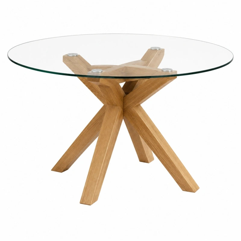 Table à manger ronde diamètre 100 cm verre transparent et bois naturel style contemporain