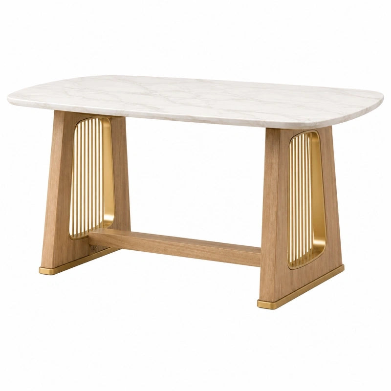 Table à manger 160 x 80 x 75 cm effet marbre blanc bois naturel métal doré style contemporain