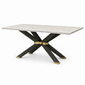 Table à manger 200 x 100 x 76 cm plateau effet pierre beige pied bois noir style contemporain