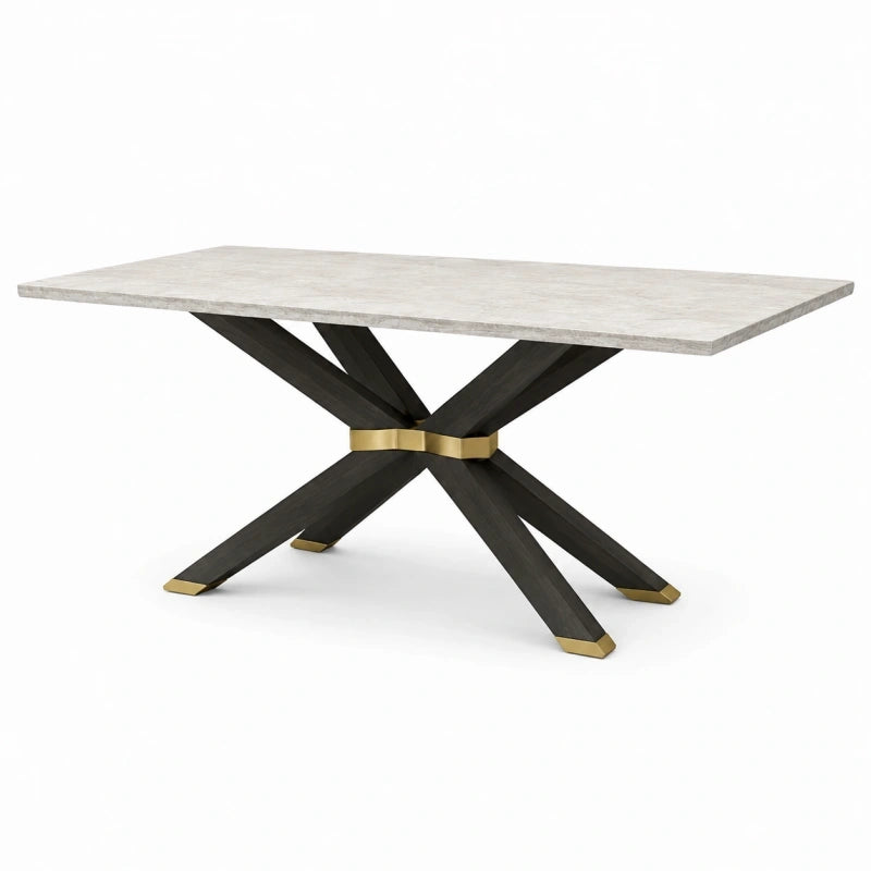 Table à manger 200 x 100 x 76 cm plateau effet pierre beige pied bois noir style contemporain