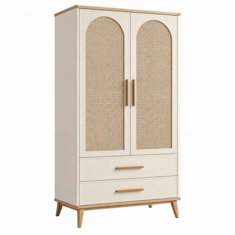 Armoire 90 x 50 x 180 cm blanche en bois avec cannage - rangement style naturel