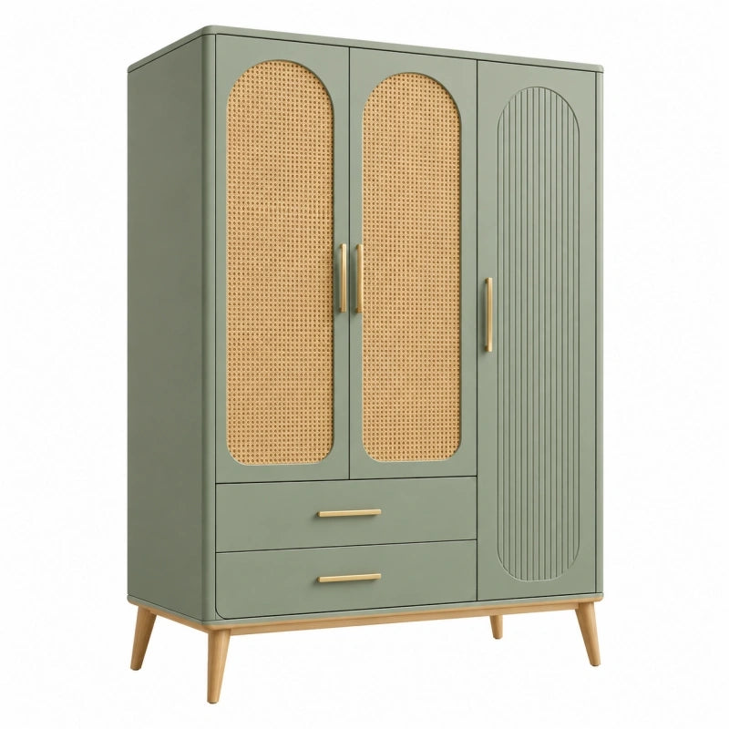 Armoire de rangement 120 x 55 x 180 cm vert sauge avec cannage et tiroirs style rétro