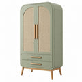 Armoire 80 x 45 x 170 cm vert sauge en bois et cannage avec 2 portes et 2 tiroirs style rétro