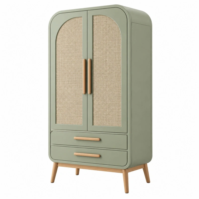 Armoire 80 x 45 x 170 cm vert sauge en bois et cannage avec 2 portes et 2 tiroirs style rétro