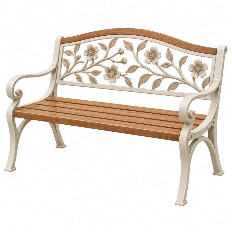 Banc de jardin 120 x 60 x 85 cm métal et bois beige naturel style floral