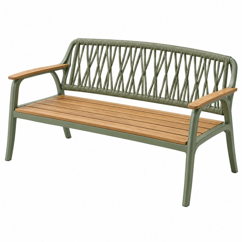 Banc de jardin 130 cm en aluminium vert et bois avec dossier tressé